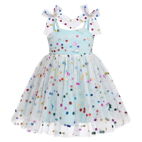 IBTOM CASTLE Toddler Baby Girls Boho Rainbow Tutu Floral Sequin Sleeveless Backless Ruffle Tulle Dress Princess Birthday Party Sundress 12-18 Months Blue Sequin Dots