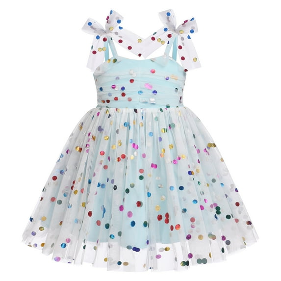 IBTOM CASTLE Toddler Baby Girls Boho Rainbow Tutu Floral Sequin Sleeveless Backless Ruffle Tulle Dress Princess Birthday Party Sundress 18-24 Months Blue Sequin Dots