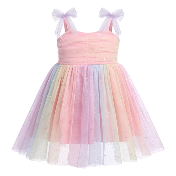 IBTOM CASTLE Toddler Baby Girls Boho Rainbow Tutu Floral Sequin Sleeveless Backless Ruffle Tulle Dress Princess Birthday Party Sundress 3-4 Years Rainbow Sequin Dots