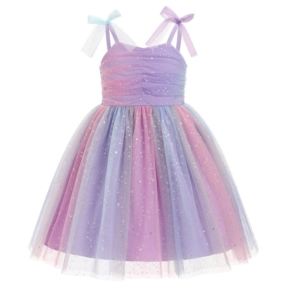 IBTOM CASTLE Toddler Baby Girls Boho Rainbow Tutu Floral Sequin Sleeveless Backless Ruffle Tulle Dress Princess Birthday Party Sundress 5-6 Years Purple Rainbow