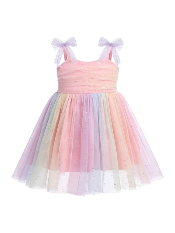 Toddler Baby Girls Boho Rainbow Tutu Floral Sequin Sleeveless Backless Ruffle Tulle Dress Princess Birthday Party Sundress 5-6 Years Rainbow Sequin Dots