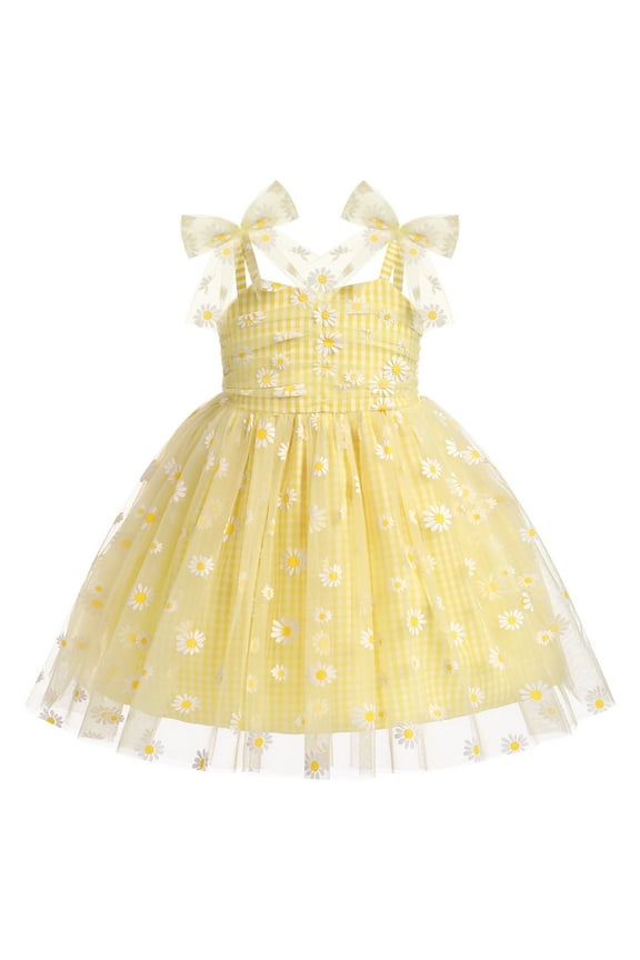 Toddler Baby Girls Boho Rainbow Tutu Floral Sequin Sleeveless Backless Ruffle Tulle Dress Princess Birthday Party Sundress 6-12 Months Yellow Daisy