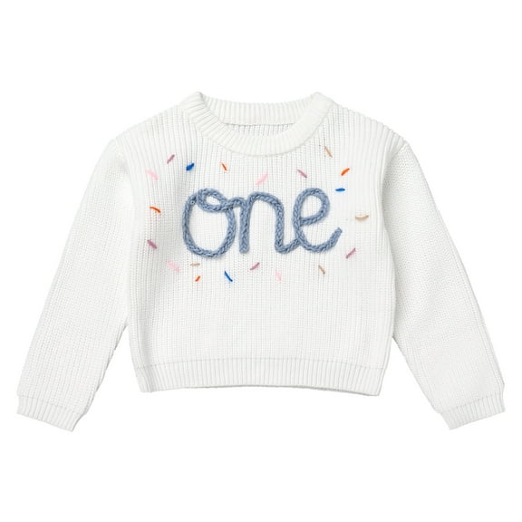 IBTOM CASTLE Toddler Baby Girls 1st Birthday Outfit Boho Embroidery One Sweater Top Knit Pullover Sweatshirt Fall Winter Clothes 1 Year White   Blue