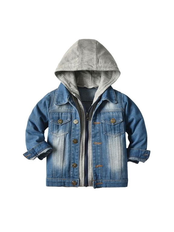 Toddler Baby Girls Boys Denim Jacket Long Sleeve Button Down Jeans Coat Ripped Hooded Top Fall Cowboy Casual Outwear Clothes 18-24 Months Blue + Gray