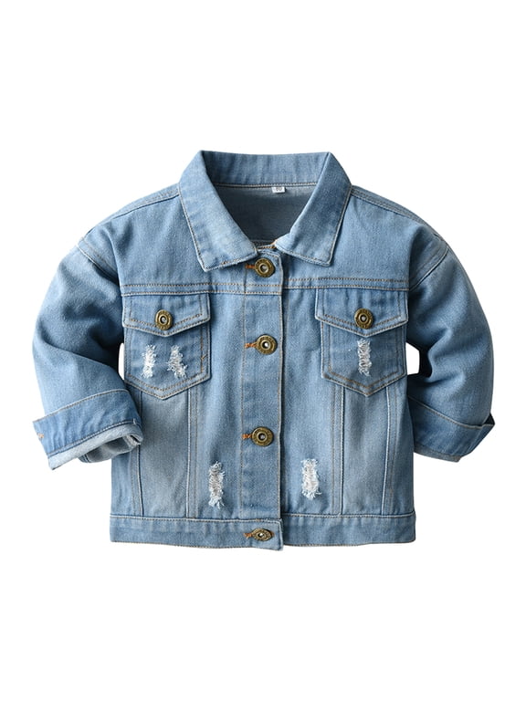 Toddler Baby Girls Boys Denim Jacket Long Sleeve Button Down Jeans Coat Ripped Hooded Top Fall Cowboy Casual Outwear Clothes 6-12 Months Light Blue