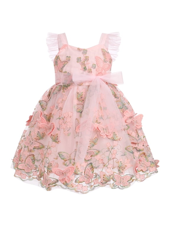 Toddler Baby Girls Butterfly Dress Princess Embroidered Flutter Sleeve Pageant Wedding Birthday Party Tulle Tutu Dress 3-4 Years Pink & Gold