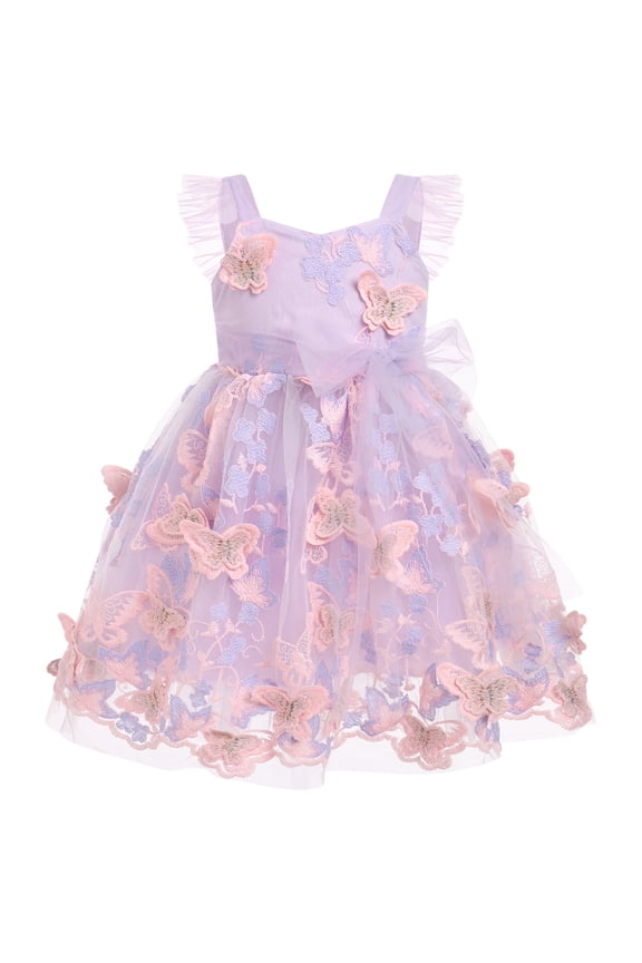 Toddler Baby Girls Butterfly Dress Princess Embroidered Flutter Sleeve Pageant Wedding Birthday Party Tulle Tutu Dress 3-4 Years Purple & Pink