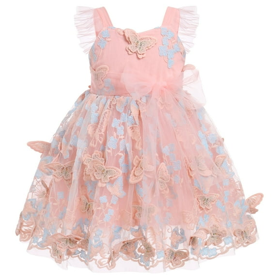 IBTOM CASTLE Toddler Baby Girls Butterfly Dress Princess Embroidered Flutter Sleeve Pageant Wedding Birthday Party Tulle Tutu Dress 4-5 Years Pink & Blue