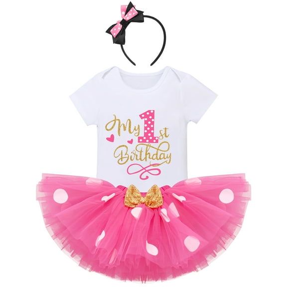 IBTOM CASTLE Toddler Baby Girls Cake Smash First Birthday Outfits Polka Dots Romper Tulle Dress Mouse Ear Princess Clothes 1 Year Hot Pink - My Birthday