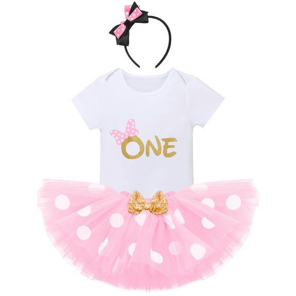 IBTOM CASTLE Toddler Baby Girls Cake Smash First Birthday Outfits Polka Dots Romper Tulle Dress Mouse Ear Princess Clothes 1 Year Pink Dots