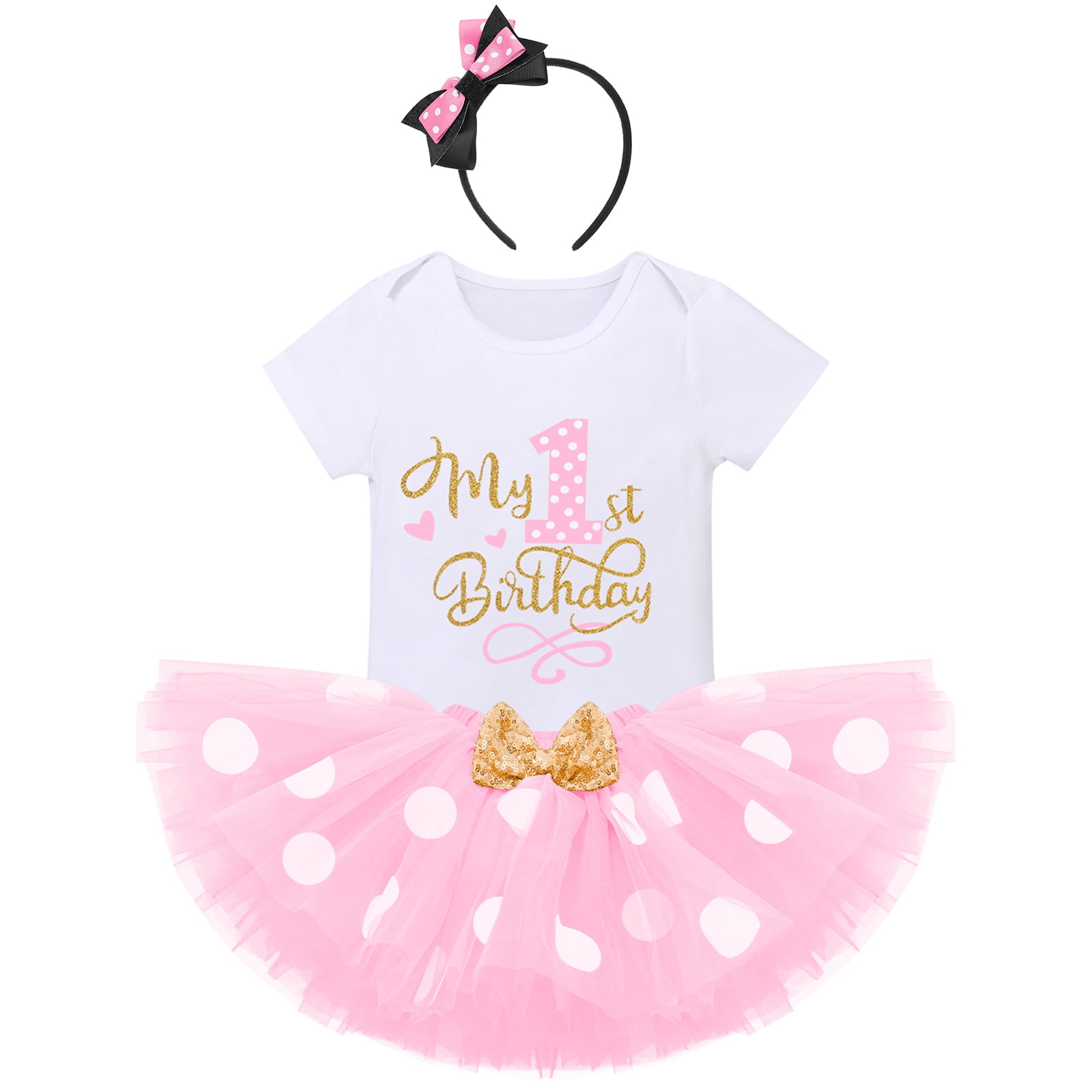IBTOM CASTLE Toddler Baby Girls Cake Smash First Birthday Outfits Polka Dots Romper Tulle Dress Mouse Ear Princess Clothes 1 Year Pink - My Birthday