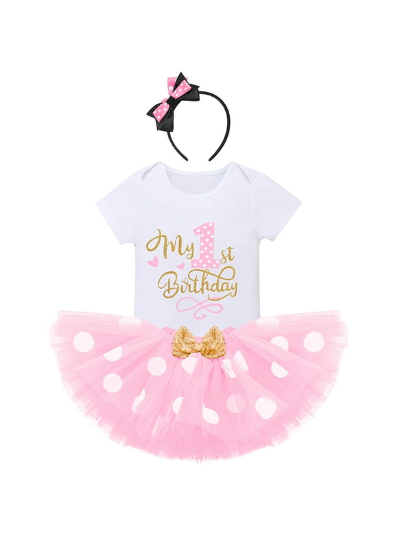 Toddler Baby Girls Cake Smash First Birthday Outfits Polka Dots Romper Tulle Dress Mouse Ear Princess Clothes 1 Year Pink - My Birthday