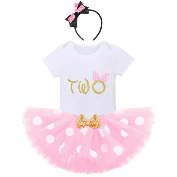 IBTOM CASTLE Toddler Baby Girls Cake Smash First Birthday Outfits Polka Dots Romper Tulle Dress Mouse Ear Princess Clothes 2 Years Pink Dots