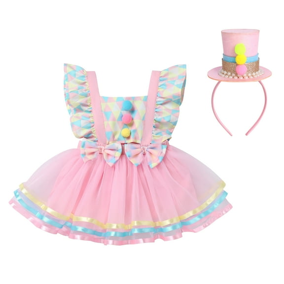 IBTOM CASTLE Toddler Baby Girls Carnival Circus 1st Birthday Cake Smash Party Outfit Princess Tutu Dress with Headband 12-18 Months Pink - Dress with Headband
