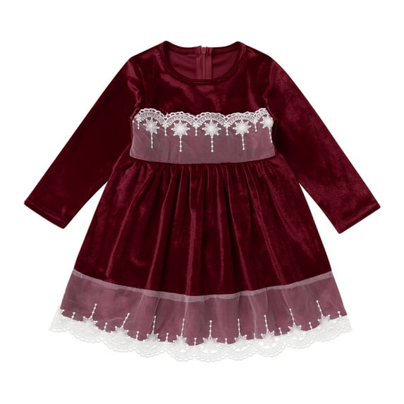 IBTOM CASTLE Toddler Baby Girls Christmas Dress Lace Velvet Long Sleeve Ruffle Princess Wedding Birthday Party Dress Fall Winter Clothes 2-3 Years Wine Red