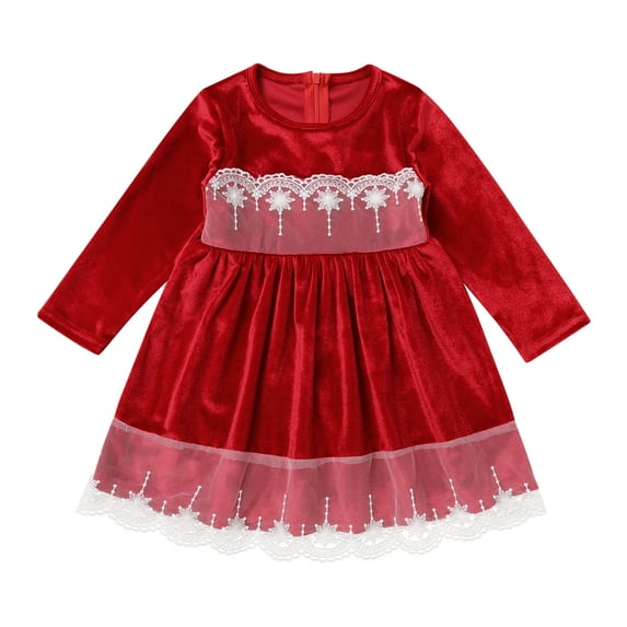 IBTOM CASTLE Toddler Baby Girls Christmas Dress Lace Velvet Long Sleeve Ruffle Princess Wedding Birthday Party Dress Fall Winter Clothes 5-6 Years Red