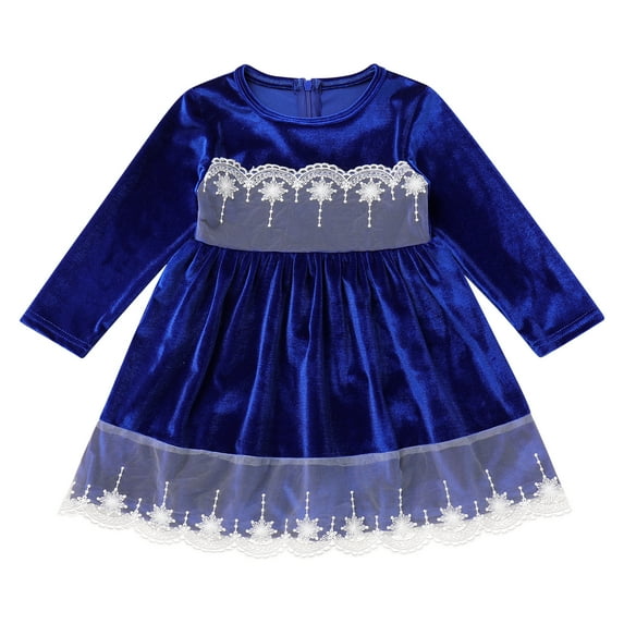 IBTOM CASTLE Toddler Baby Girls Christmas Dress Lace Velvet Long Sleeve Ruffle Princess Wedding Birthday Party Dress Fall Winter Clothes 18-24 Months Blue