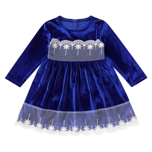 IBTOM CASTLE Toddler Baby Girls Christmas Dress Lace Velvet Long Sleeve Ruffle Princess Wedding Birthday Party Dress Fall Winter Clothes 4-5 Years Blue