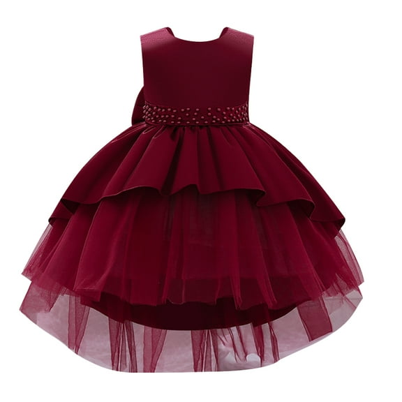 IBTOM CASTLE Toddler Baby Girls Dress Formal Bowknot Tutu Backless Puffy Tulle Gowns Princess Wedding Baptism Pageant Birthday Party Wear 18-24 Months Wine Red