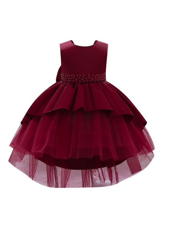Toddler Baby Girls Dress Formal Bowknot Tutu Backless Puffy Tulle Gowns Princess Wedding Baptism Pageant Birthday Party Wear 18-24 Months Wine Red