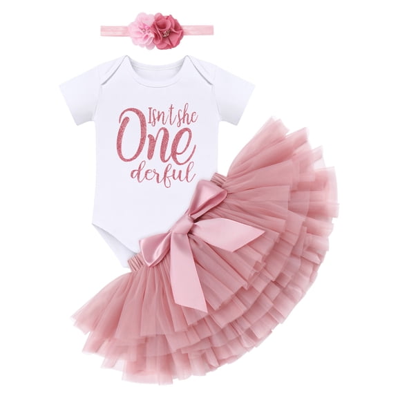 IBTOM CASTLE Toddler Baby Girls First Birthday Outfit Rainbow Boho Bohemian Romper Tutu Skirt Crown Cake Smash Clothes Set for Photo Shoot 1 Year Dusty Pink-Onederful