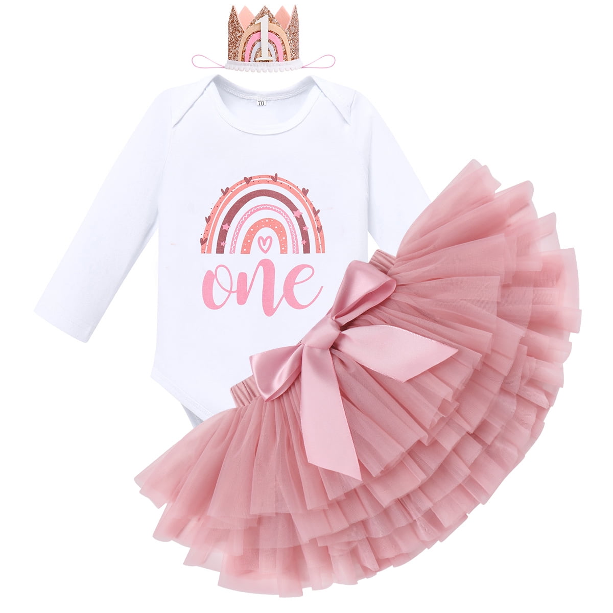 IBTOM CASTLE Toddler Baby Girls First Birthday Outfit Rainbow Boho Bohemian Romper+Tutu Skirt+Crown Cake Smash Clothes Set for Photo Shoot 1 Year Dusty Pink+Crown-Long Sleeve