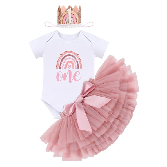IBTOM CASTLE Toddler Baby Girls First Birthday Outfit Rainbow Boho Bohemian Romper+Tutu Skirt+Crown Cake Smash Clothes Set for Photo Shoot 1 Year Dusty Pink+Crown