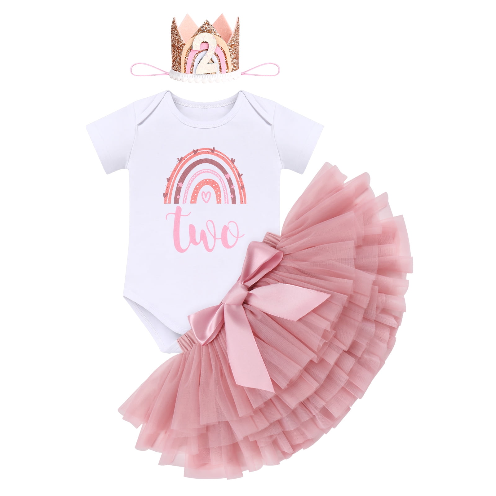 IBTOM CASTLE Toddler Baby Girls First Birthday Outfit Rainbow Boho Bohemian Romper+Tutu Skirt+Crown Cake Smash Clothes Set for Photo Shoot 2 Years Dusty Pink+Crown