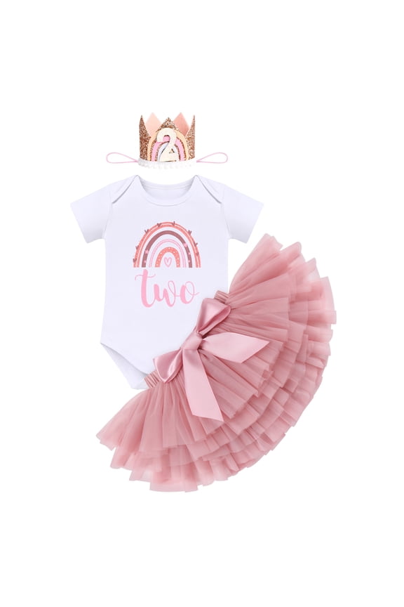Toddler Baby Girls First Birthday Outfit Rainbow Boho Bohemian Romper+Tutu Skirt+Crown Cake Smash Clothes Set for Photo Shoot 2 Years Dusty Pink+Crown