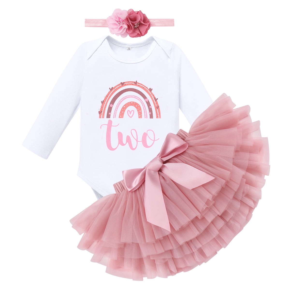 IBTOM CASTLE Toddler Baby Girls First Birthday Outfit Rainbow Boho Bohemian Romper+Tutu Skirt+Crown Cake Smash Clothes Set for Photo Shoot 2 Years Dusty Pink+Flower-Long Sleeve
