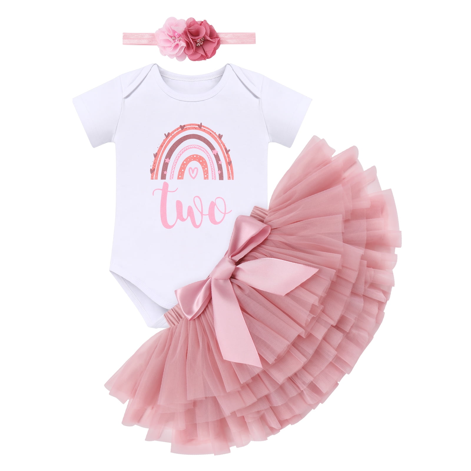 IBTOM CASTLE Toddler Baby Girls First Birthday Outfit Rainbow Boho Bohemian Romper+Tutu Skirt+Crown Cake Smash Clothes Set for Photo Shoot 2 Years Dusty Pink+Flower