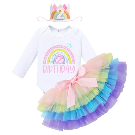IBTOM CASTLE Toddler Baby Girls First Birthday Outfit Rainbow Boho Bohemian Romper+Tutu Skirt+Crown Cake Smash Clothes Set for Photo Shoot 2 Years Rainbow+Crown-Long Sleeve