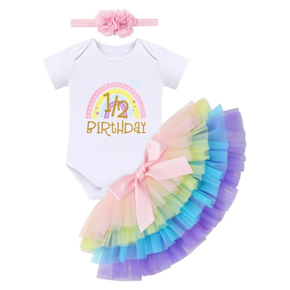 IBTOM CASTLE Toddler Baby Girls First Birthday Outfit Rainbow Boho Bohemian Romper Tutu Skirt Crown Cake Smash Clothes Set for Photo Shoot 6 Months Rainbow Flower