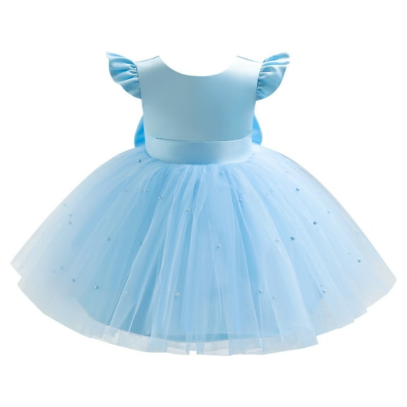 IBTOM CASTLE Toddler Baby Girls Flower Bowknot V Back Tutu Dress Baby Princess Wedding Bridesmaid Birthday Party Pageant Baptism Formal Dresses 6-12 Months Blue