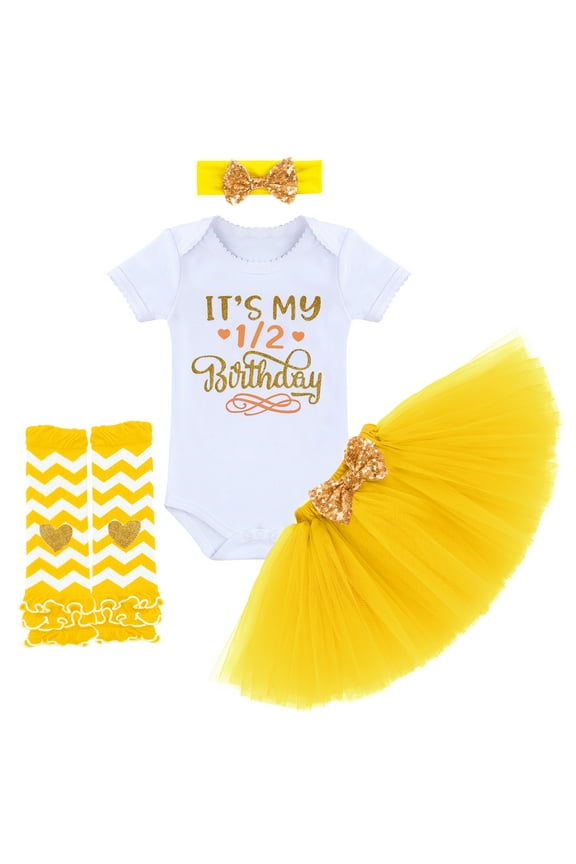 Toddler Baby Girls Half/1st/2nd Birthday Cake Smash Outfit Princess Romper + Tutu Skirt + Headband + Leg Warmers Leisure Clothes Set, 4-Piece