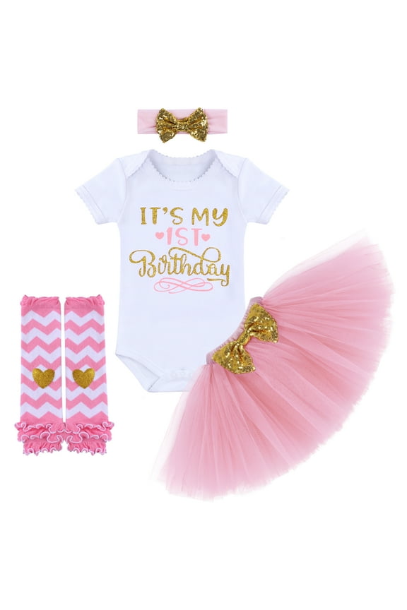 Toddler Baby Girls Half/1st/2nd Birthday Cake Smash Outfit Princess Romper + Tutu Skirt + Headband + Leg Warmers Leisure Clothes Set, 4-Piece