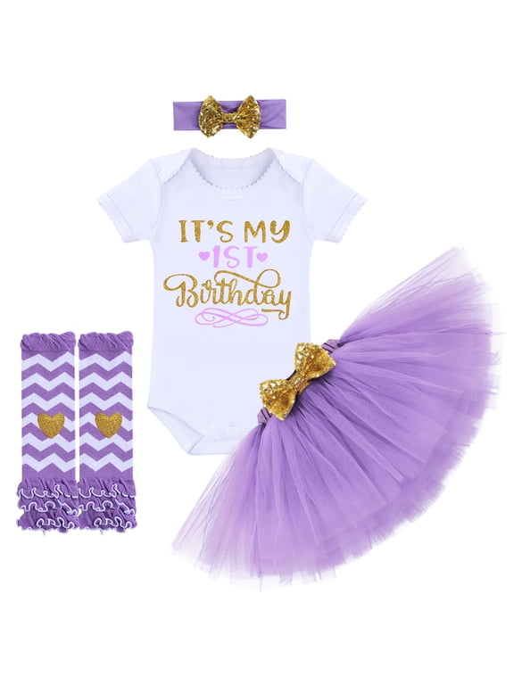 Toddler Baby Girls Half/1st/2nd Birthday Cake Smash Outfit Princess Romper + Tutu Skirt + Headband + Leg Warmers Leisure Clothes Set, 4-Piece