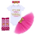 thumbnail image 1 of IBTOM CASTLE Toddler Baby Girls Half/1st/2nd Birthday Cake Smash Outfit Princess Romper + Tutu Skirt + Headband + Leg Warmers Leisure Clothes Set, 4-Piece, 1 of 10