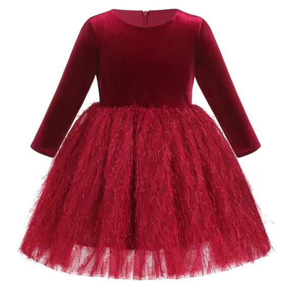 IBTOM CASTLE Toddler Baby Girls Long Sleeve Velvet Dress Fall Winter Princess Christmas Birthday Party Bowknot Tulle Tutu Dress 18-24 Months Wine Red