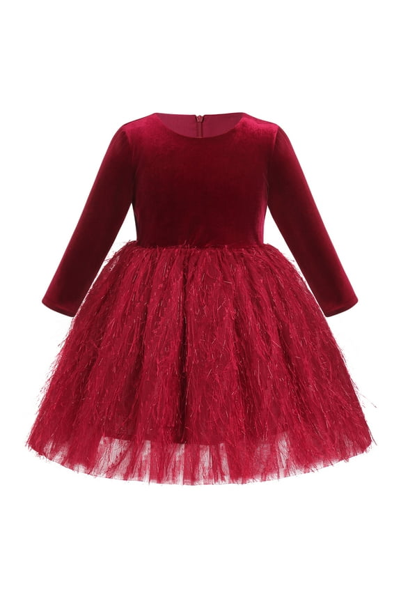 Toddler Baby Girls Long Sleeve Velvet Dress Fall Winter Princess Christmas Birthday Party Bowknot Tulle Tutu Dress 18-24 Months Wine Red
