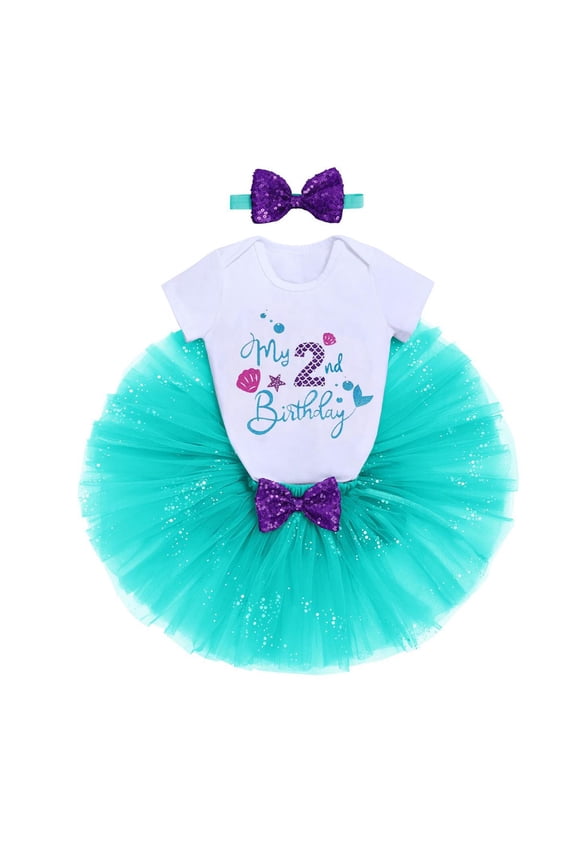 Toddler Baby Girls Mermaid 1st Birthday Outfit Princess Romper + Tutu Skirt + Shiny Bowknot Headband Cake Smash Clothes Set, 3-Piece
