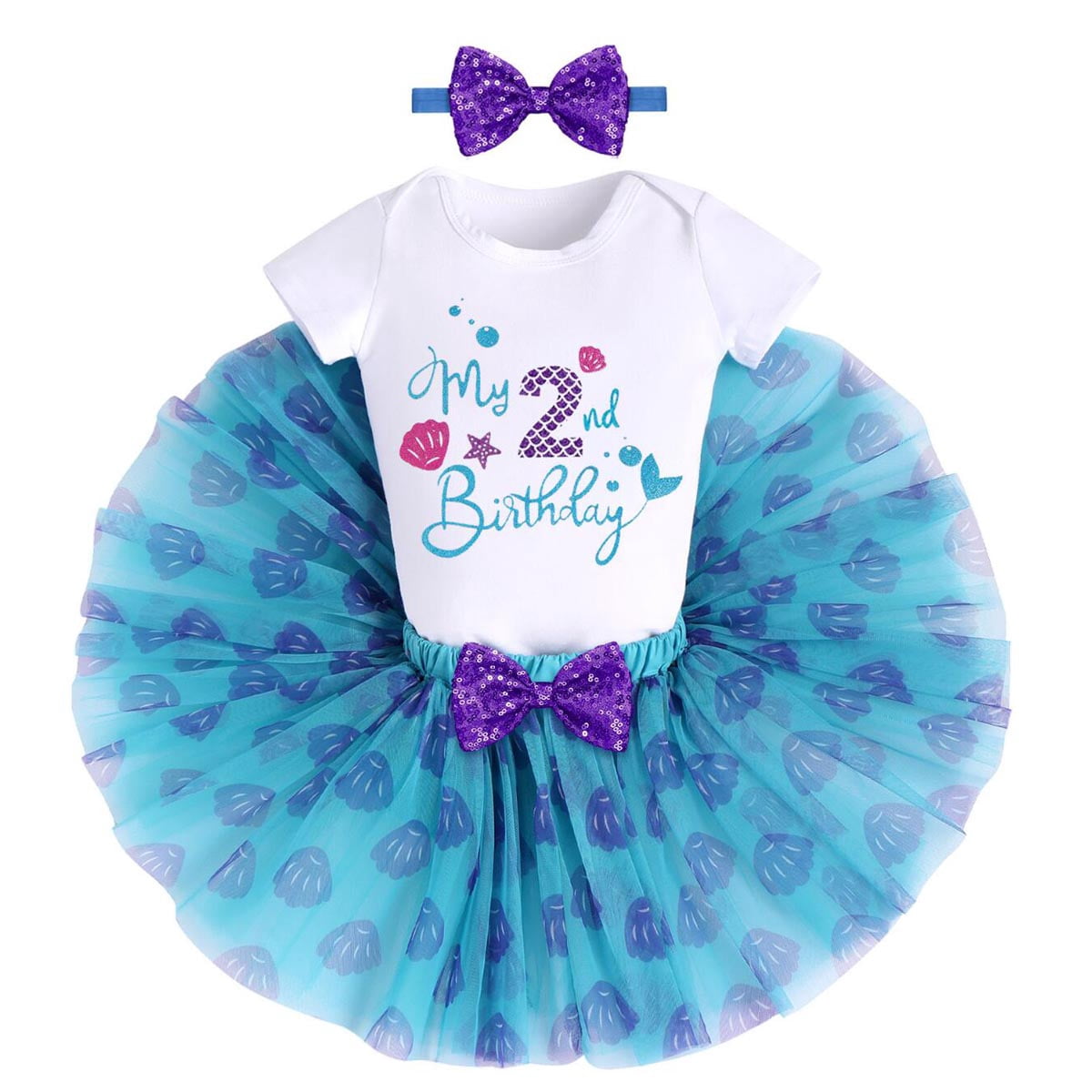 IBTOM CASTLE Toddler Baby Girls Mermaid 1st Birthday Outfit Princess Romper + Tutu Skirt + Shiny Bowknot Headband Cake Smash Clothes Set, 3-Piece