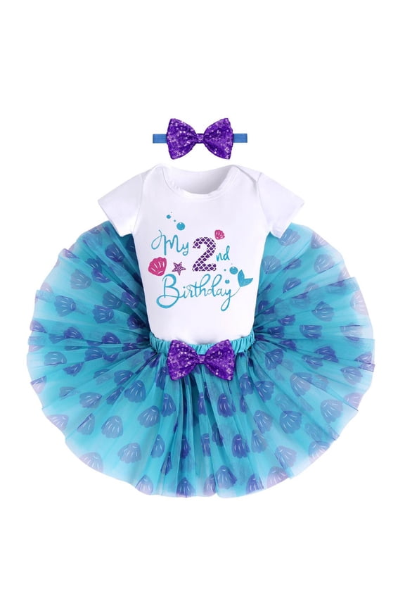 Toddler Baby Girls Mermaid 1st Birthday Outfit Princess Romper + Tutu Skirt + Shiny Bowknot Headband Cake Smash Clothes Set, 3-Piece
