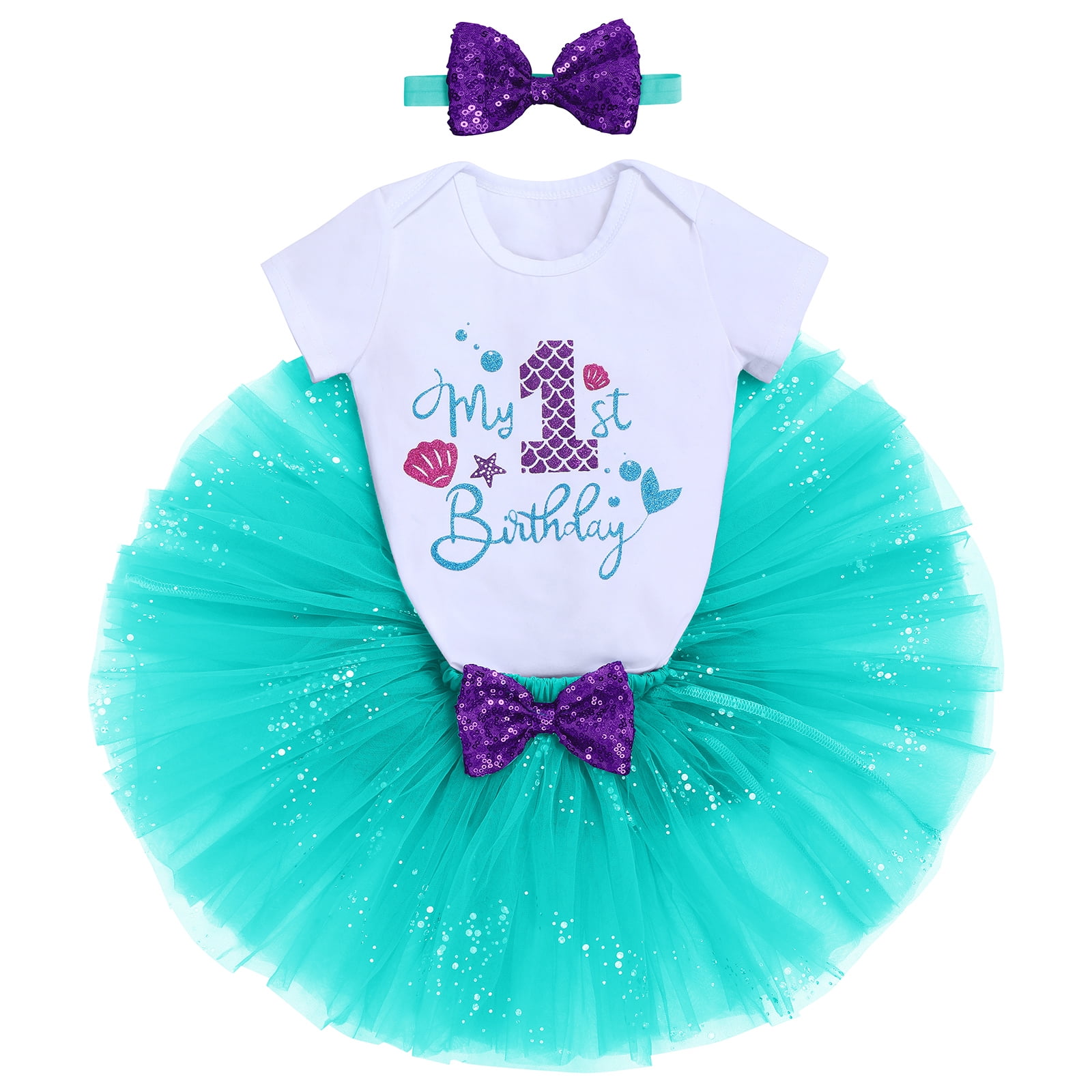 IBTOM CASTLE Toddler Baby Girls Mermaid 1st Birthday Outfit Princess Romper + Tutu Skirt + Shiny Bowknot Headband Cake Smash Clothes Set, 3-Piece