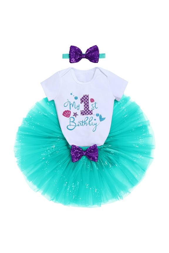 Toddler Baby Girls Mermaid 1st Birthday Outfit Princess Romper + Tutu Skirt + Shiny Bowknot Headband Cake Smash Clothes Set, 3-Piece