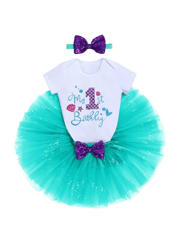 Toddler Baby Girls Mermaid 1st Birthday Outfit Princess Romper + Tutu Skirt + Shiny Bowknot Headband Cake Smash Clothes Set, 3-Piece