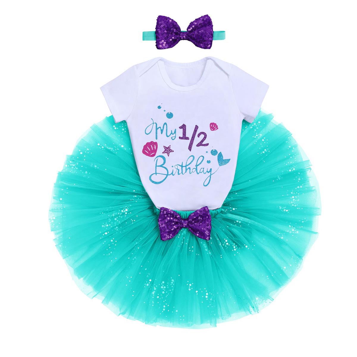 IBTOM CASTLE Toddler Baby Girls Mermaid 1st Birthday Outfit Princess Romper + Tutu Skirt + Shiny Bowknot Headband Cake Smash Clothes Set, 3-Piece