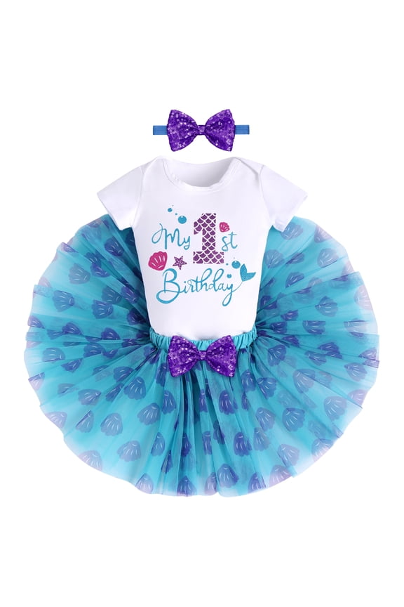 Toddler Baby Girls Mermaid 1st Birthday Outfit Princess Romper + Tutu Skirt + Shiny Bowknot Headband Cake Smash Clothes Set, 3-Piece