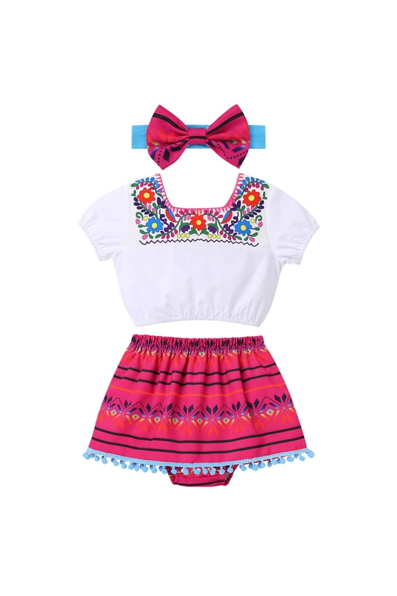 Toddler Baby Girls Mexican Traditional Fiesta Cinco de Mayo Outfit Floral Print Top + Skirt + Headband Photo Shoot Clothes 12-18 Months Hot Pink