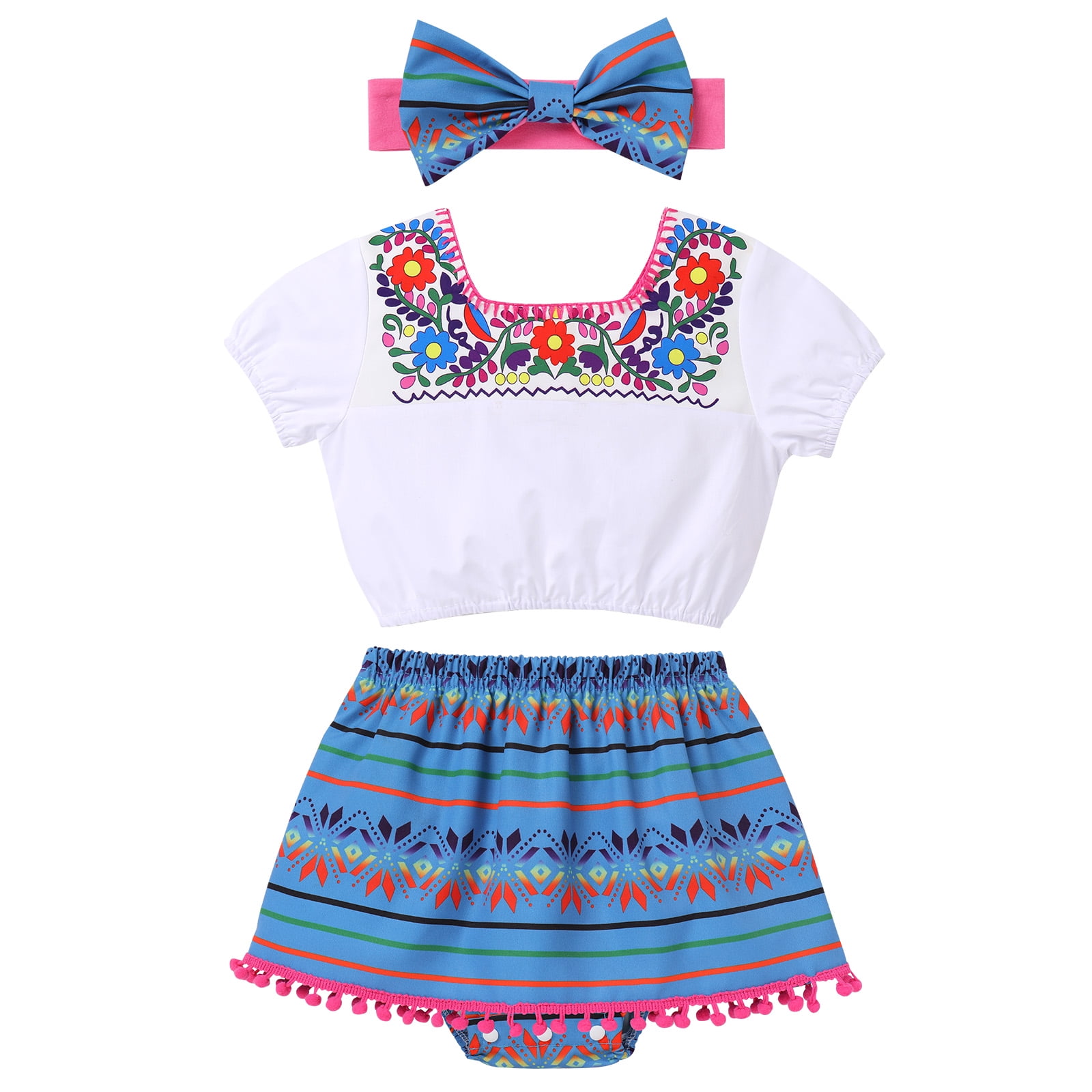 IBTOM CASTLE Toddler Baby Girls Mexican Traditional Fiesta Cinco de Mayo Outfit Floral Print Top + Skirt + Headband Photo Shoot Clothes 2-3 Years Blue